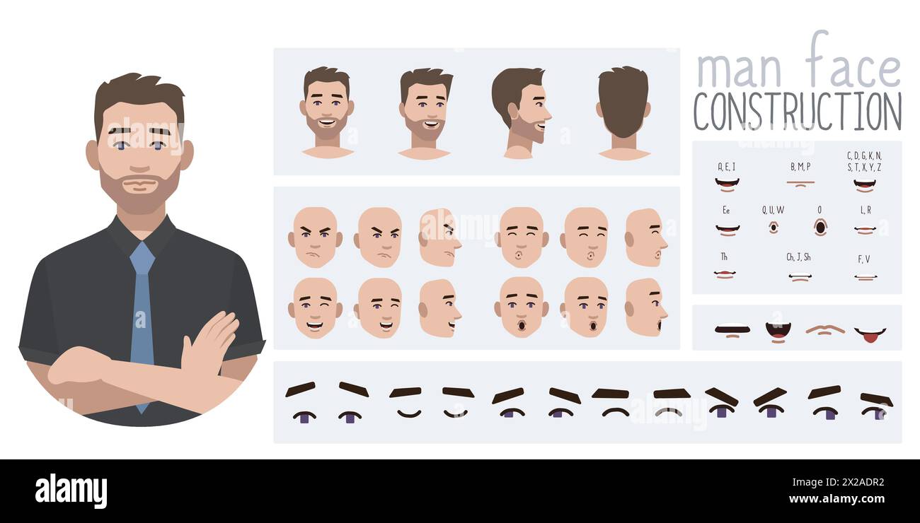 Geschäftsmann-Avatar-Erstellung geeignet für Animation. Generator, Konstrukteur verschiedener Ansichten von Augen, Lippen, Emotionsausdrücken Mundanimation und li Stock Vektor