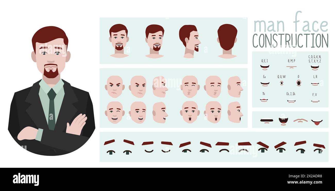 Geschäftsmann-Avatar-Erstellung geeignet für Animation. Generator, Konstrukteur verschiedener Ansichten von Augen, Lippen, Emotionsausdrücken Mundanimation und li Stock Vektor