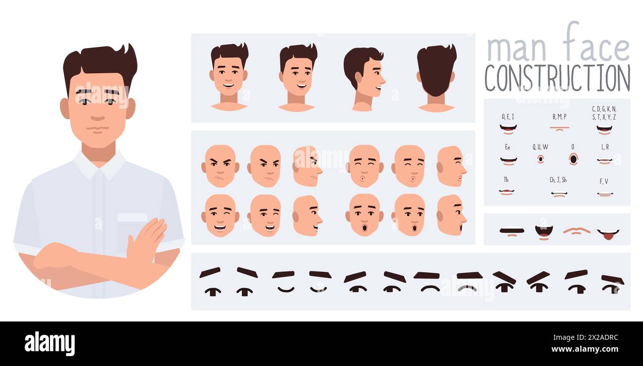Geschäftsmann-Avatar-Erstellung geeignet für Animation. Generator, Konstrukteur verschiedener Ansichten von Augen, Lippen, Emotionsausdrücken Mundanimation und li Stock Vektor