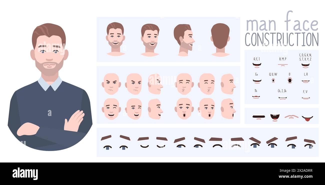 Geschäftsmann-Avatar-Erstellung geeignet für Animation. Generator, Konstrukteur verschiedener Ansichten von Augen, Lippen, Emotionsausdrücken Mundanimation und li Stock Vektor