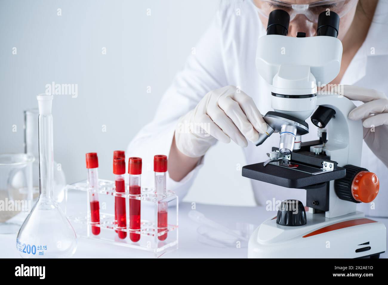 Eine Frau schaut durch ein Mikroskop auf einen Objektträger mit roten Blutkörperchen. Reagenzgläser mit Blut im Labor. Blut-HIV-Test. Stockfoto
