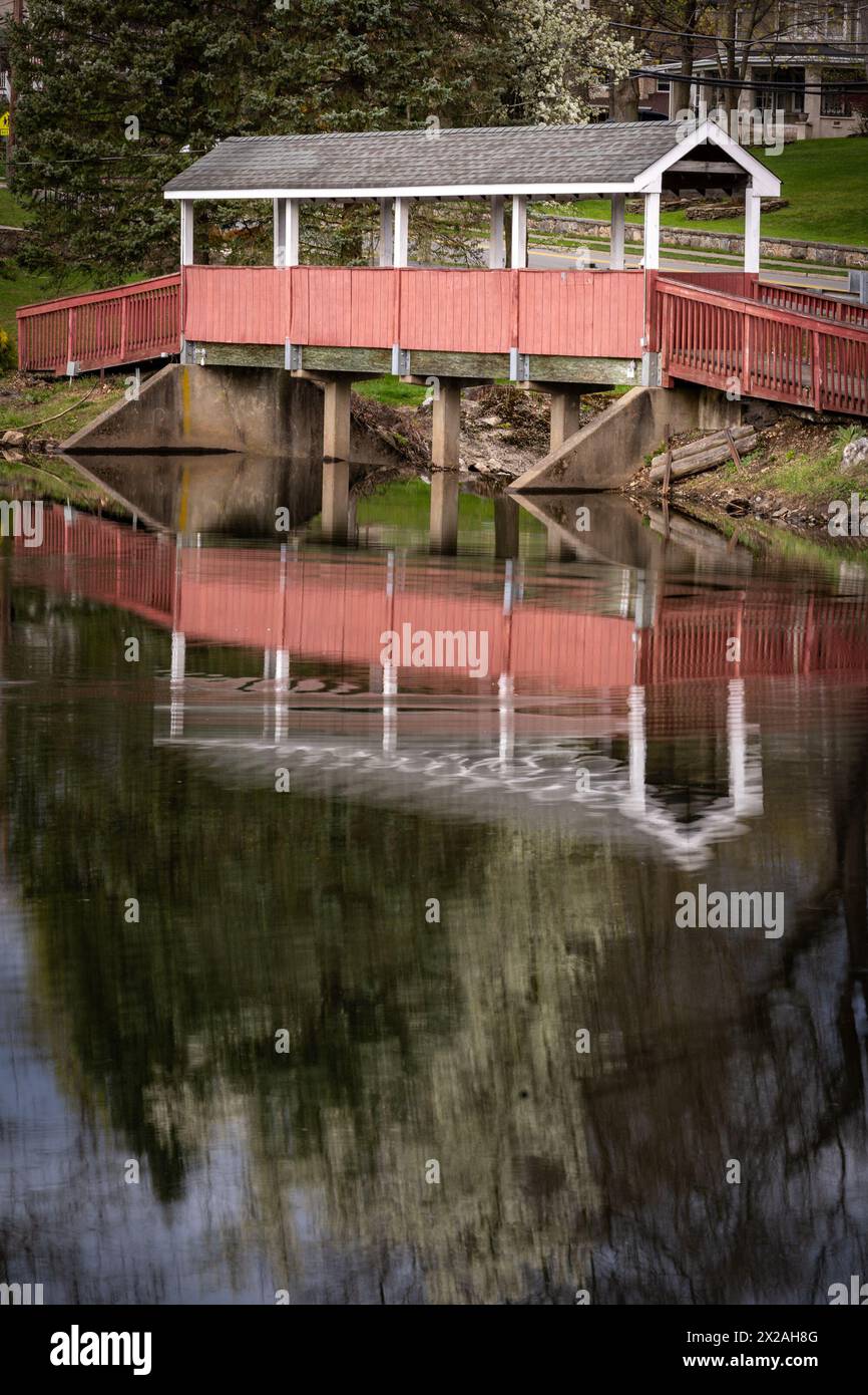 Mahwah, NJ - USA- 14. April 2024 vertikale Ansicht der Reflexionen im ruhigen Winter’s Pond im Mahwah’s Winter’s Park, mit einer wunderschönen Holzbrille Stockfoto