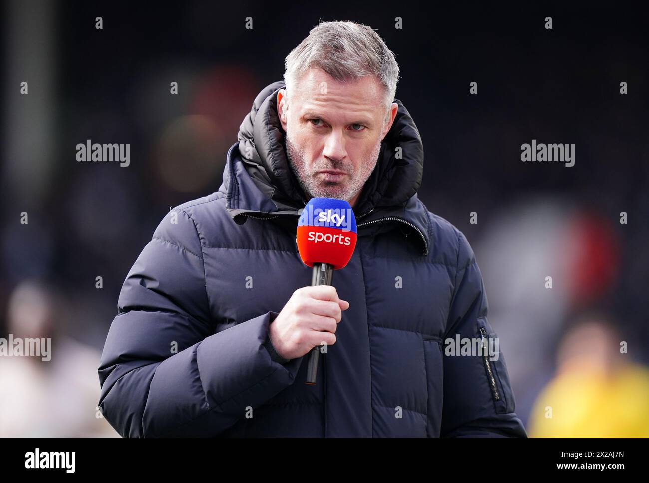 Sky Sports Pundit Jamie Carragher vor dem Spiel der Premier League in Craven Cottage, London. Bilddatum: Sonntag, 21. April 2024. Stockfoto