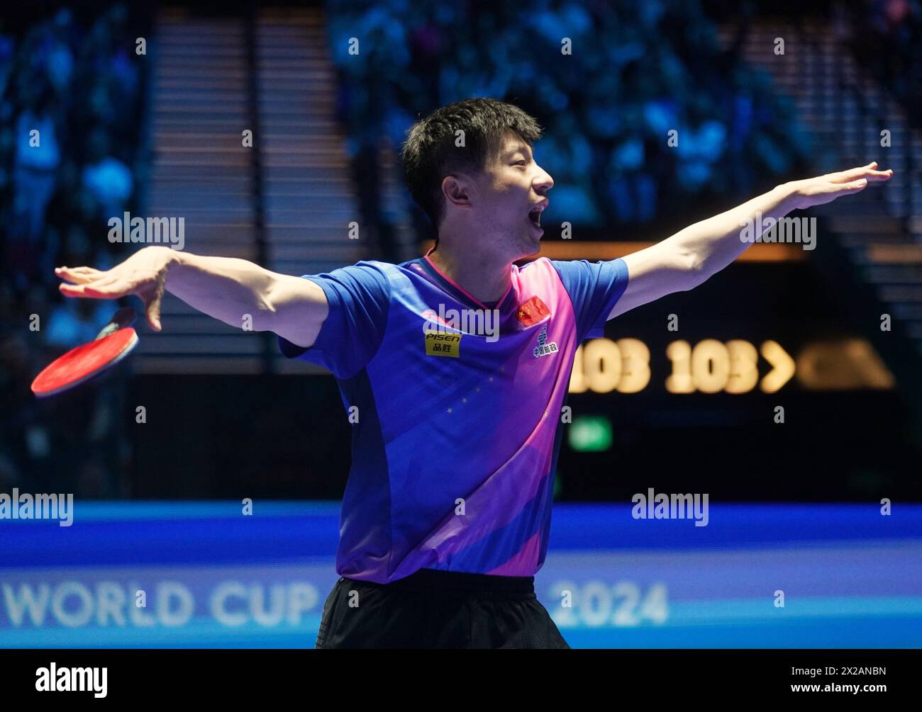 Macau, China. April 2024. MA Long of China feiert, nachdem er das