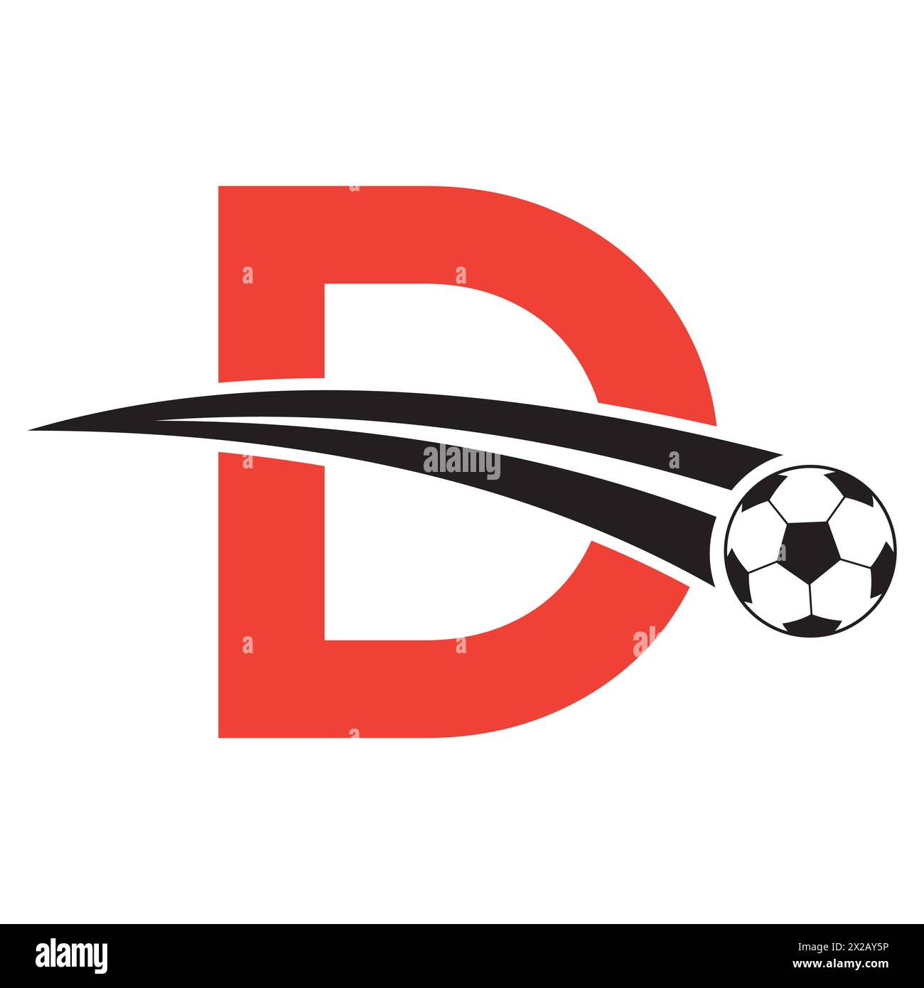 Fußballlogo auf Buchstabe D mit beweglichem Fußballsymbol. Fußballschild Stock Vektor