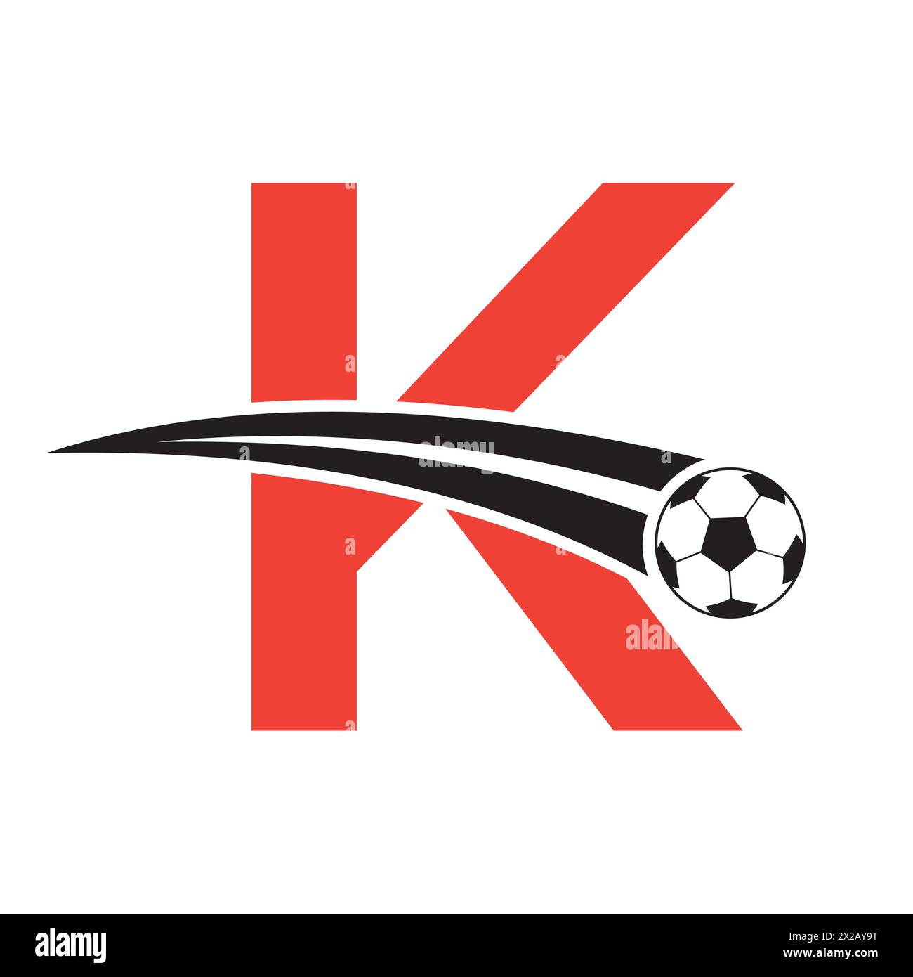 Fußballlogo auf Buchstabe K Concept mit beweglichem Fußballsymbol. Fußballschild Stock Vektor
