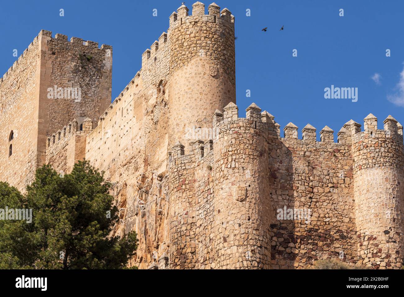 Schloss Almansa, nationales historisches und künstlerisches Denkmal, 14. Jahrhundert auf den Überresten von Almohad, Almansa, Provinz Albacete, Castilla-La Mancha, Spanien Stockfoto