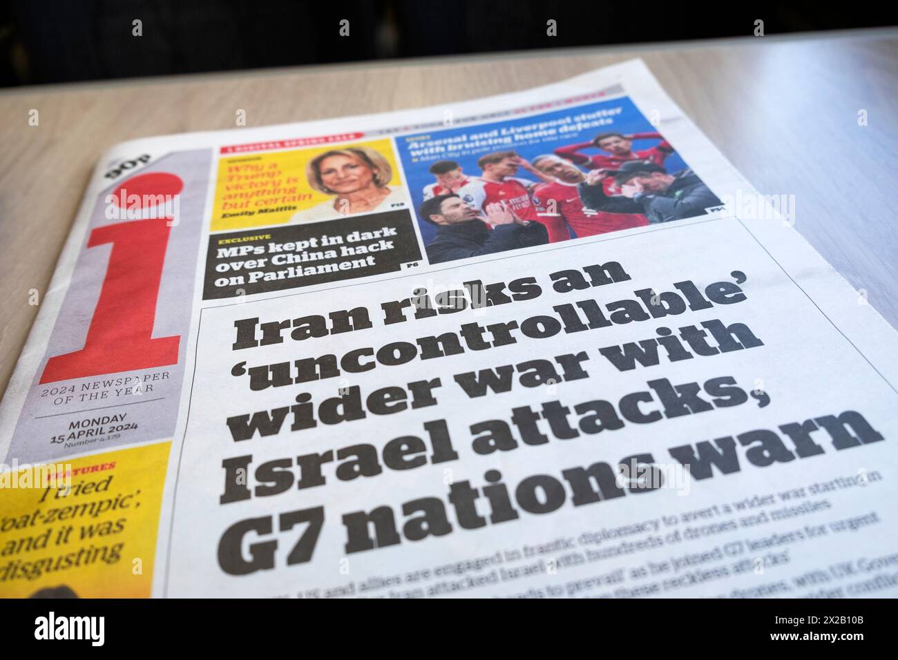 "Der Iran riskiert einen "unkontrollierbaren" größeren Krieg mit israelischen Angriffen, warnen die G7-Nationen" i-Zeitung Schlagzeilen-artikel zum Nahen Osten 15. April 2024 Vereinigtes Königreich Stockfoto