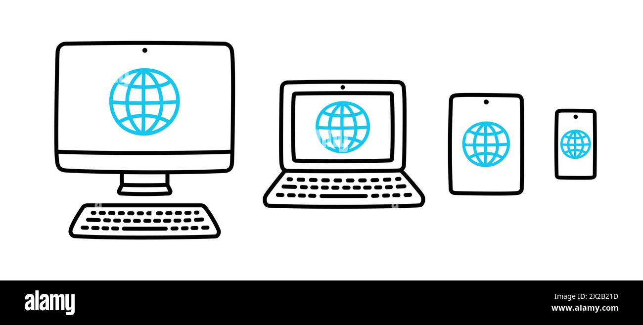 Satz elektronischer Geräte (Smartphone, Tablet, Laptop und Desktop-Computer) mit Internetsymbol. Hand gezeichnete Doodle-Ikonen, niedliche Zeichentrickvektor illustr Stock Vektor