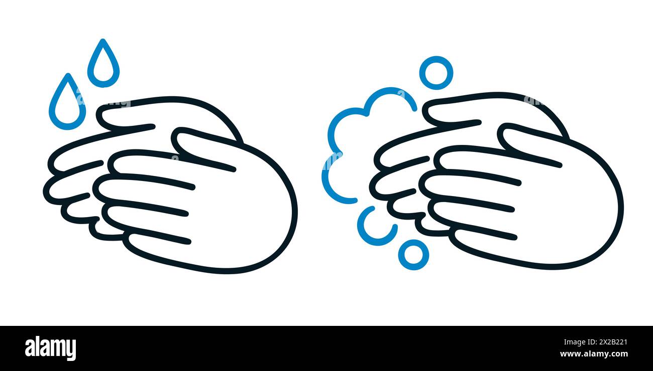 Handwaschlinien-Symbole, handgezeichnetes Doodle-Set. Zwei Hände mit Tropfen Wasser und Seifenschaum. Einfache Clip-Art-Illustration, Vektorzeichnung. Stock Vektor