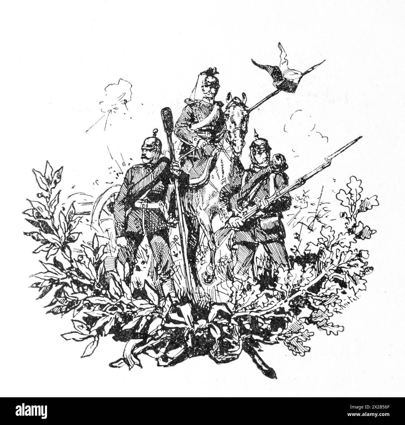 Zeichnung von drei Männern in Militärkleidung mit Waffen und historischen Uniformen, einem Reiter auf dem Rücken, umgeben von einem Kranz mit Eichenblättern, dargestellt in Stockfoto