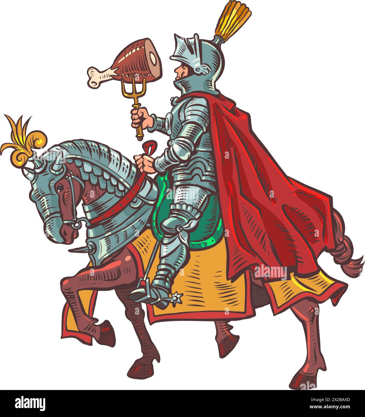Ein Ritter in Rüstung auf einem gepanzerten Pferd hält Fleisch auf einer Gabel. Fleischmenü in einer Taverne, Pub oder Bar. Ein mittelalterlicher Snack in der modernen Welt. Auf weißem Hintergrund Stock Vektor
