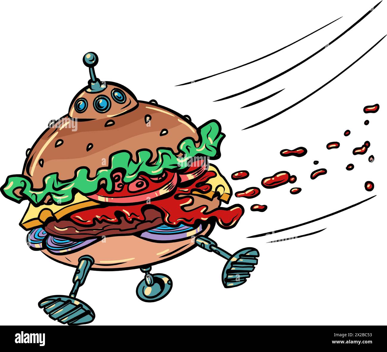 Die Burger-Flugmaschine fliegt mit hoher Geschwindigkeit. Schnelle und effiziente Lieferung von Fast Food. Internationale Berichterstattung über eine Fast-Food-Einrichtung mit DE Stock Vektor