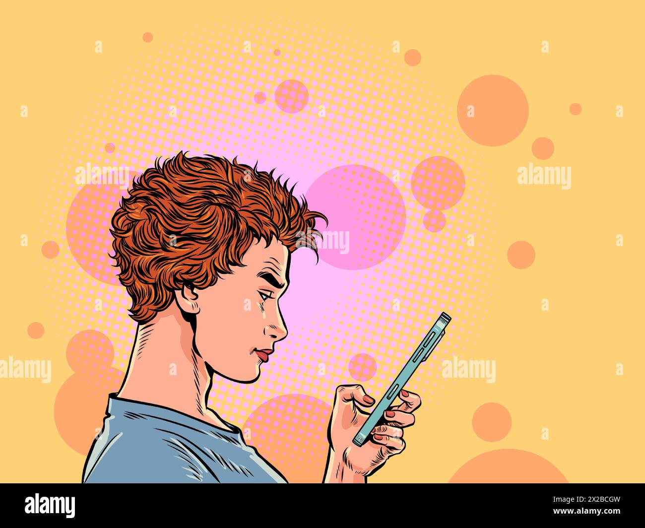 Das Mädchen schaut ernsthaft ans Telefon. Auf Marketplace-Sites nach Produkten suchen. Korrespondenz über Smartphone. Comic-Comic-Pop-Art-Retro-Vektor-Illustration Stock Vektor