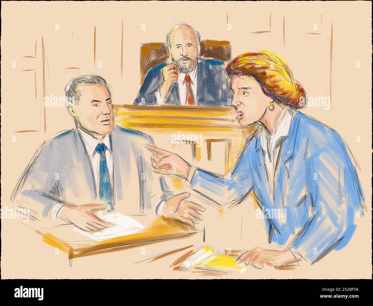 Pastellfarbener Bleistift und Tintenskizze Illustration einer Gerichtsverhandlung mit Richter, Anwalt, Angeklagter, Kläger, Zeugen und Geschworenen in einem Gerichtsverfahren Stockfoto