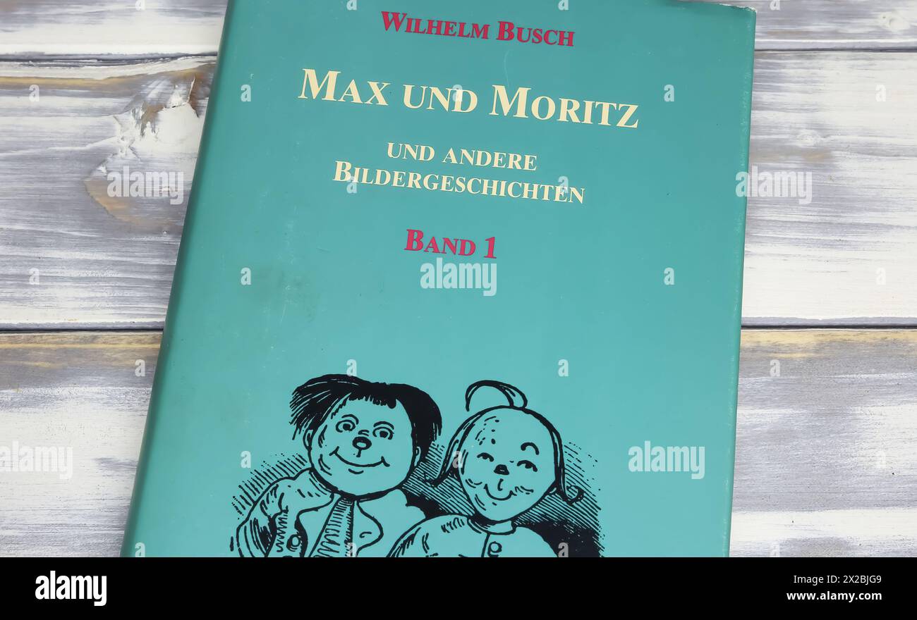 Viersen, Deutschland - 9. April. 2024: Nahaufnahme von Wilhelm Busch Buchcover Max und Moritz Stockfoto