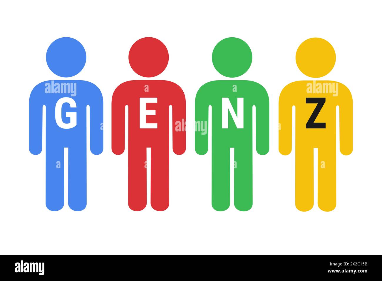 Generation Z und Generation Z - soziale und demographische Gruppe junger Erwachsener und Jugendlicher. Menschen in bunten und lebhaften Farben. Einfaches Symbol, Zeichen und pi Stockfoto