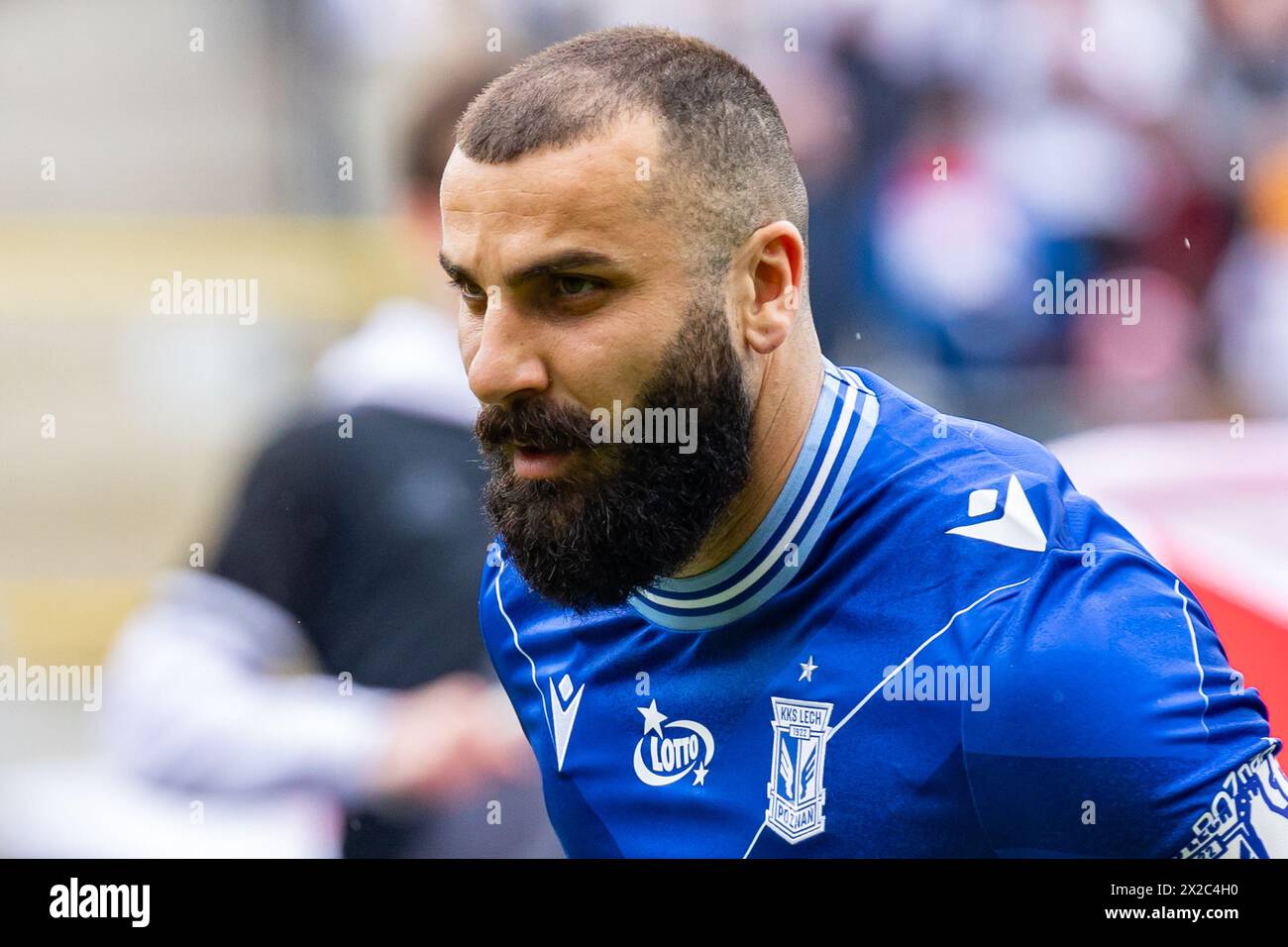 Lodz, Polen. April 2024. Mikael Ishak of Lech wurde während des Polnischen PKO Ekstraklasa League-Spiels zwischen LKS Lodz und Lech Poznan im Wladyslaw Krol Municipal Stadium gesehen. Credit: Mikołaj Barbanell/Alamy Live News Credit: Mikołaj Barbanell/Alamy Live News Stockfoto