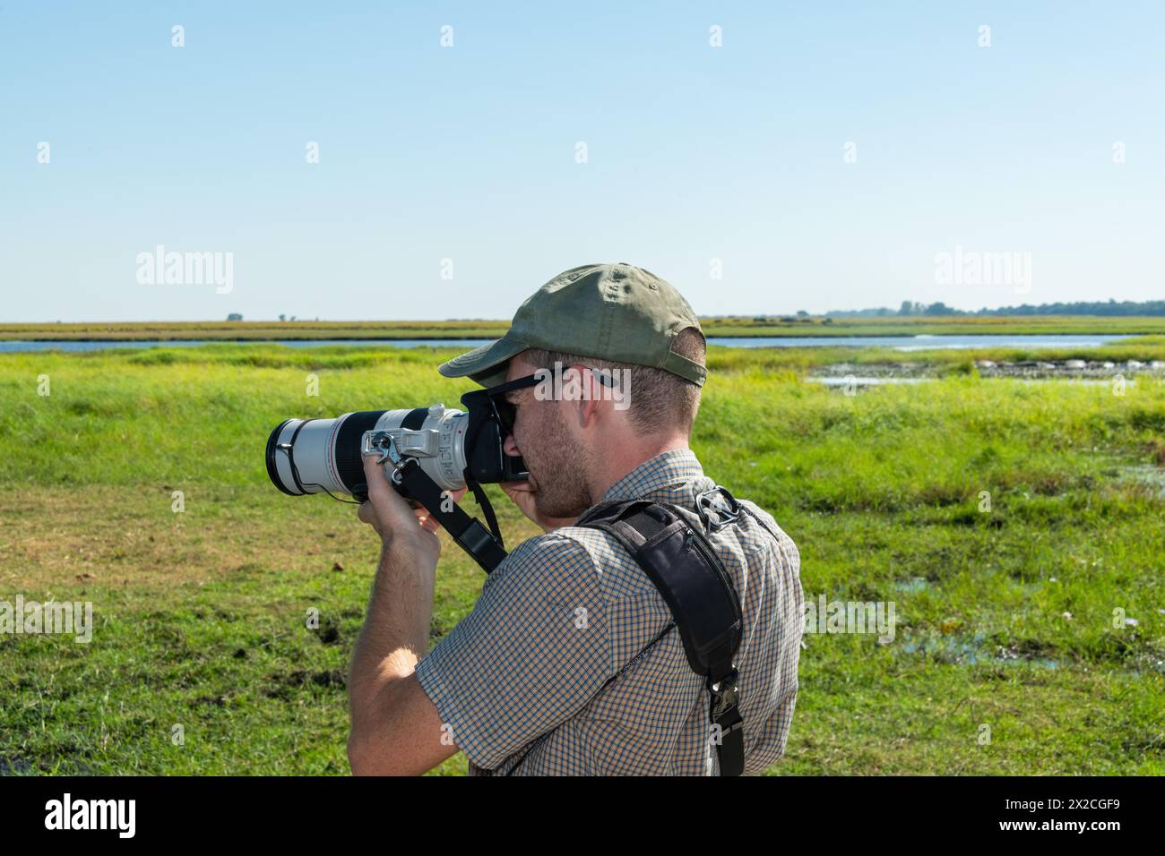 Touristen fotografieren Tiere während einer Flussfahrt auf dem Chobe River Stockfoto