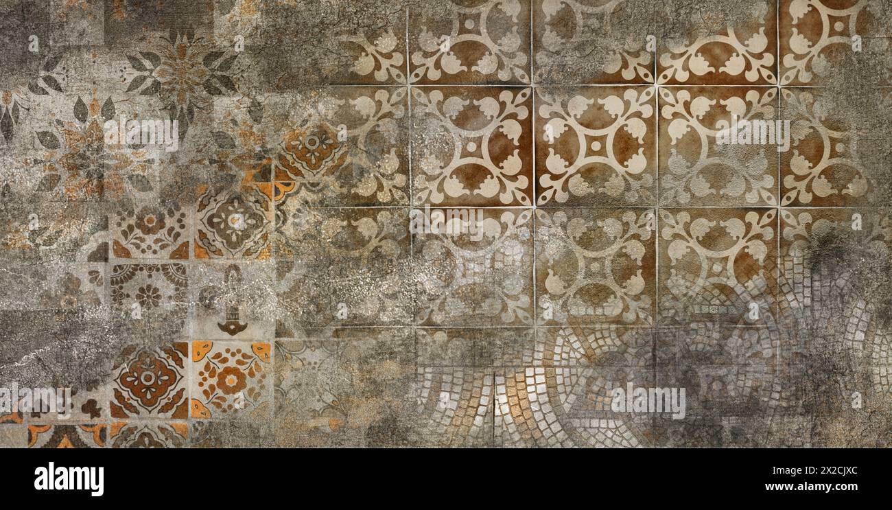 Altes Braun Grau rostig Vintage getragene geometrische schäbige Mosaik verziert Flickwerk Motiv Porzellan Steinzeug Fliesen Stein Beton Zement Wand Textur Stockfoto