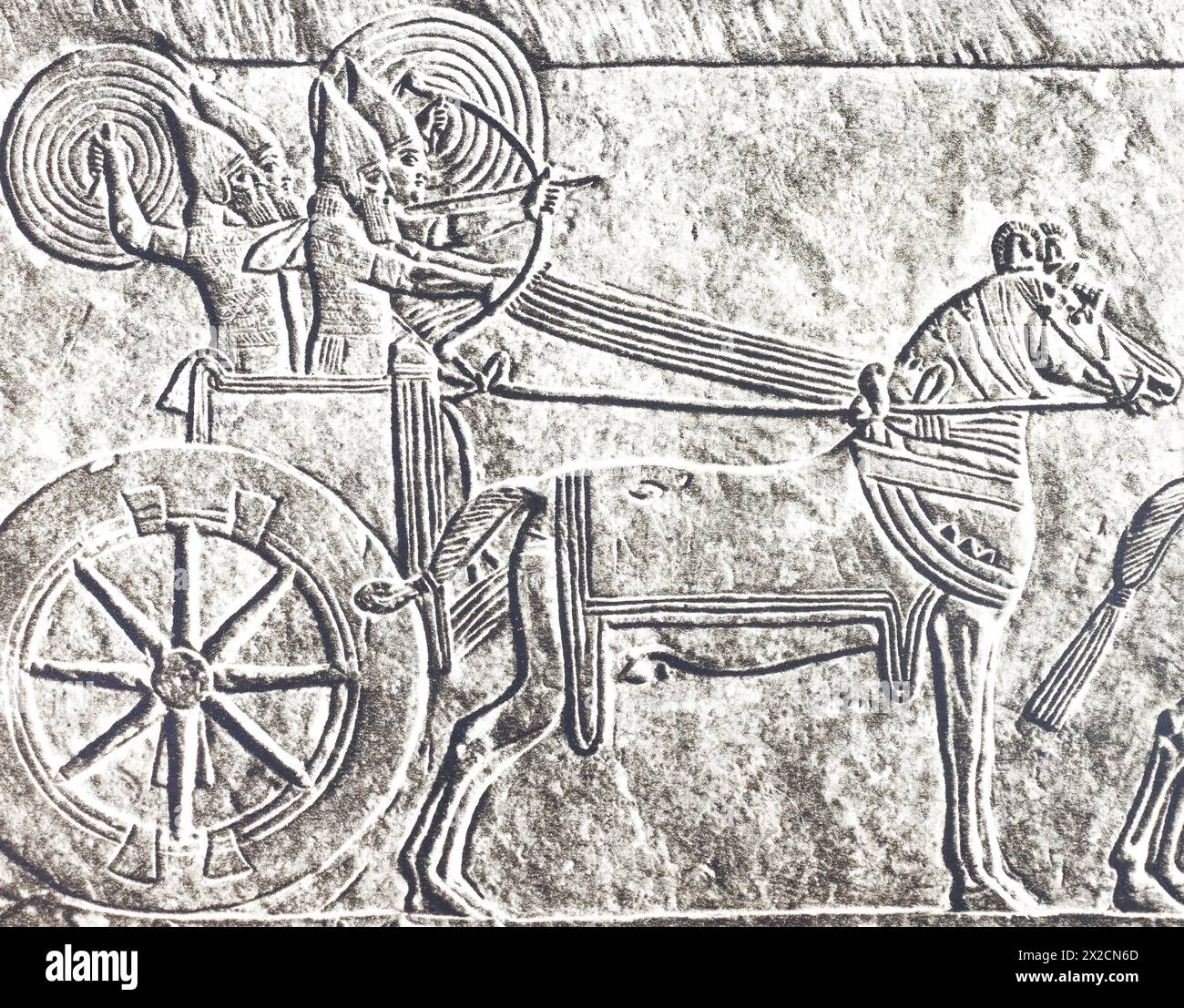 Assyrischer Kriegswagen. Relief aus dem Palast von Ashurbanipal in Ninive. Foto aus der Mitte des 20. Jahrhunderts. Stockfoto
