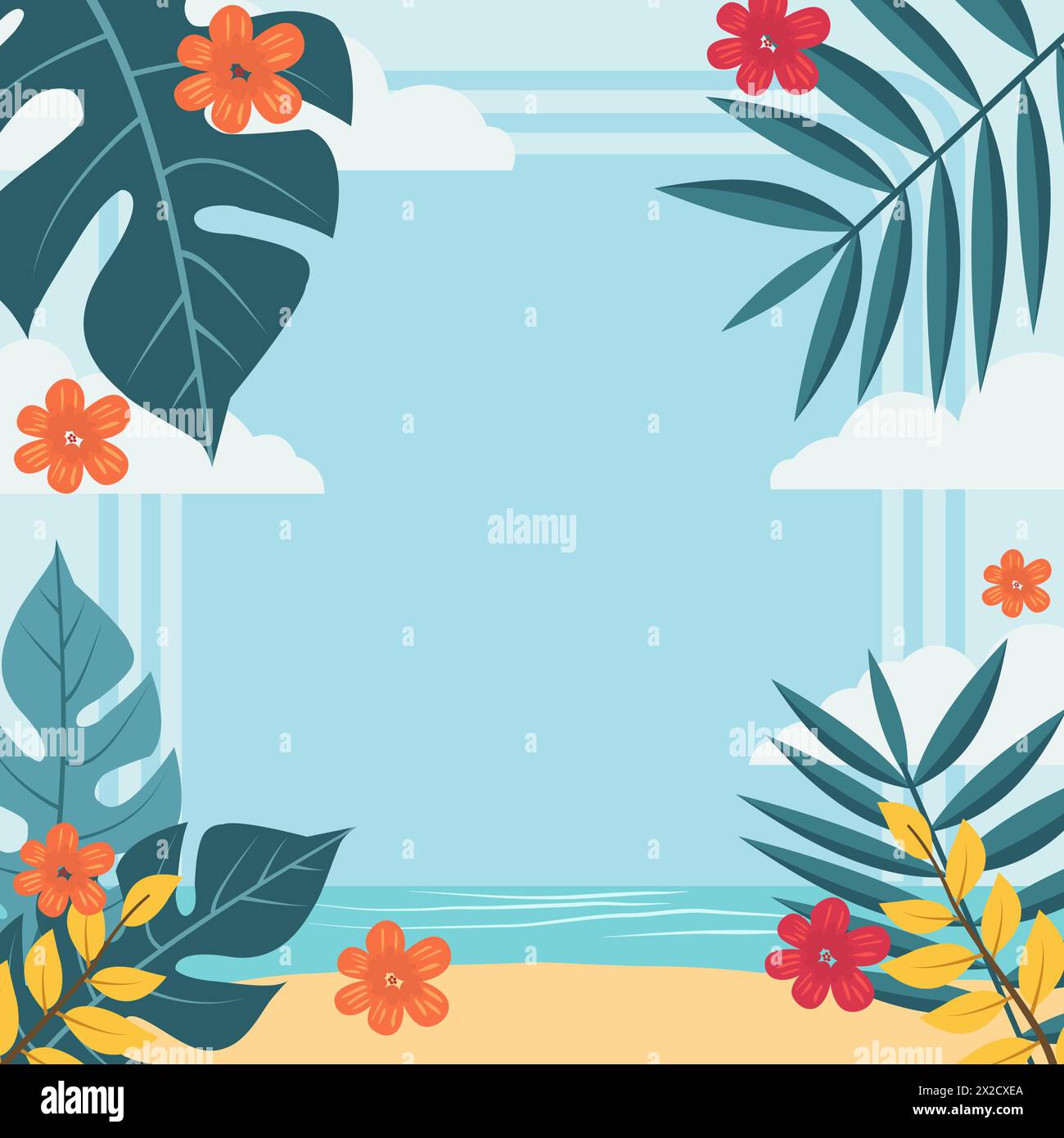 Sommer-Strand-Rahmen-Hintergrund mit tropischer Blatt-Pflanze und Kopierraum Stock Vektor