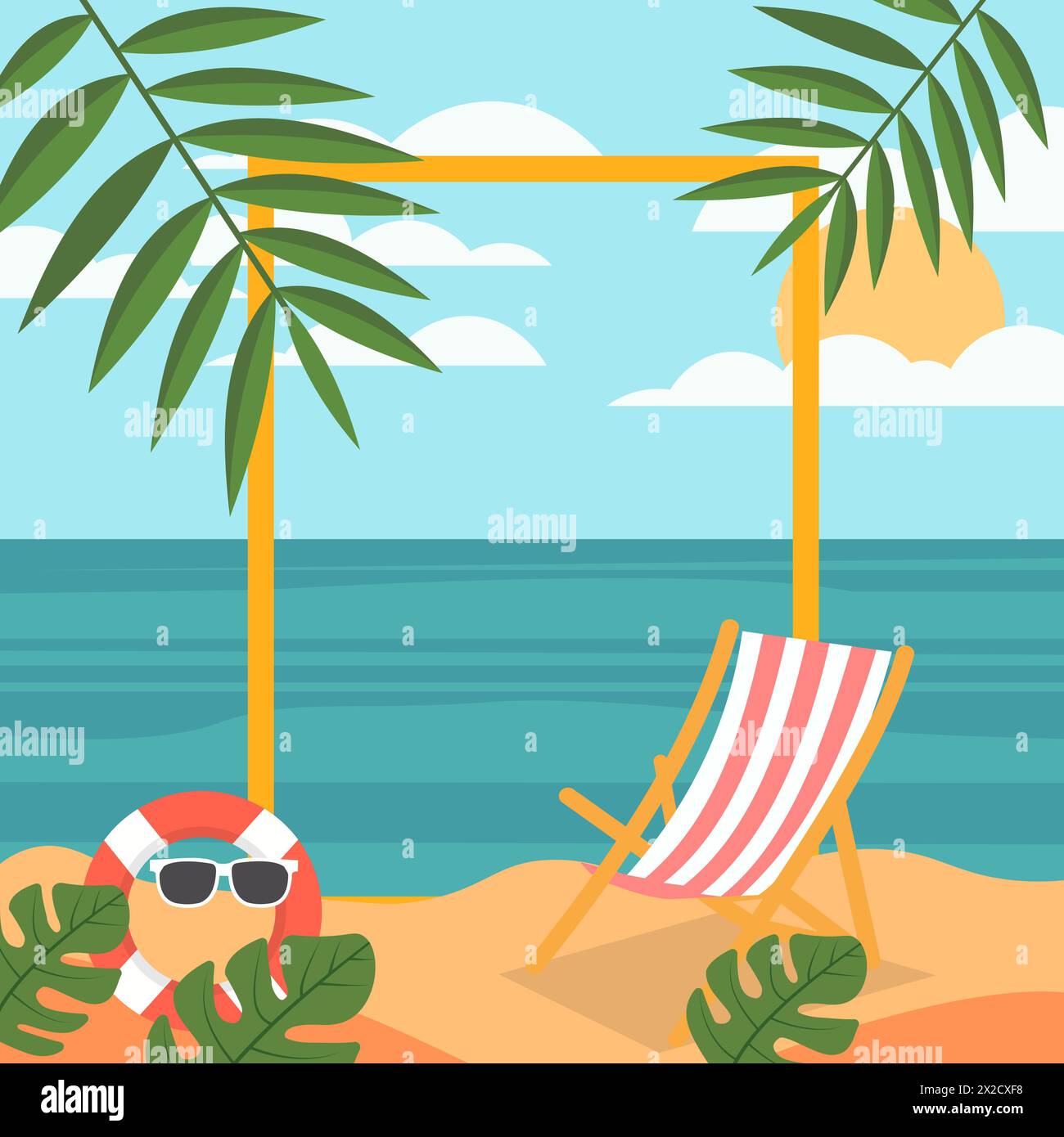 Sommer-Strand-Rahmen-Hintergrund mit tropischer Blatt-Pflanze und Kopierraum Stock Vektor