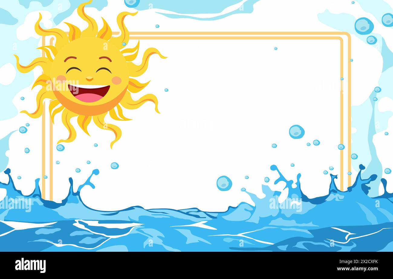 Sommer Wasserlinie Rahmen Hintergrund mit Sonnencharakter und Kopierraum Stock Vektor