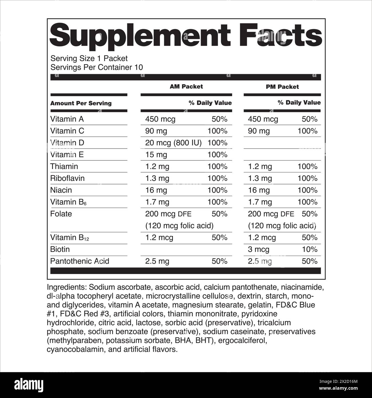FDA-Nahrungsergänzungsmittel Fakten Etikettierung von Etiketten mehrere Vitamine in Packungen einschließlich freiwilliger Auflistung von Vitamin D in IUs Stock Vektor