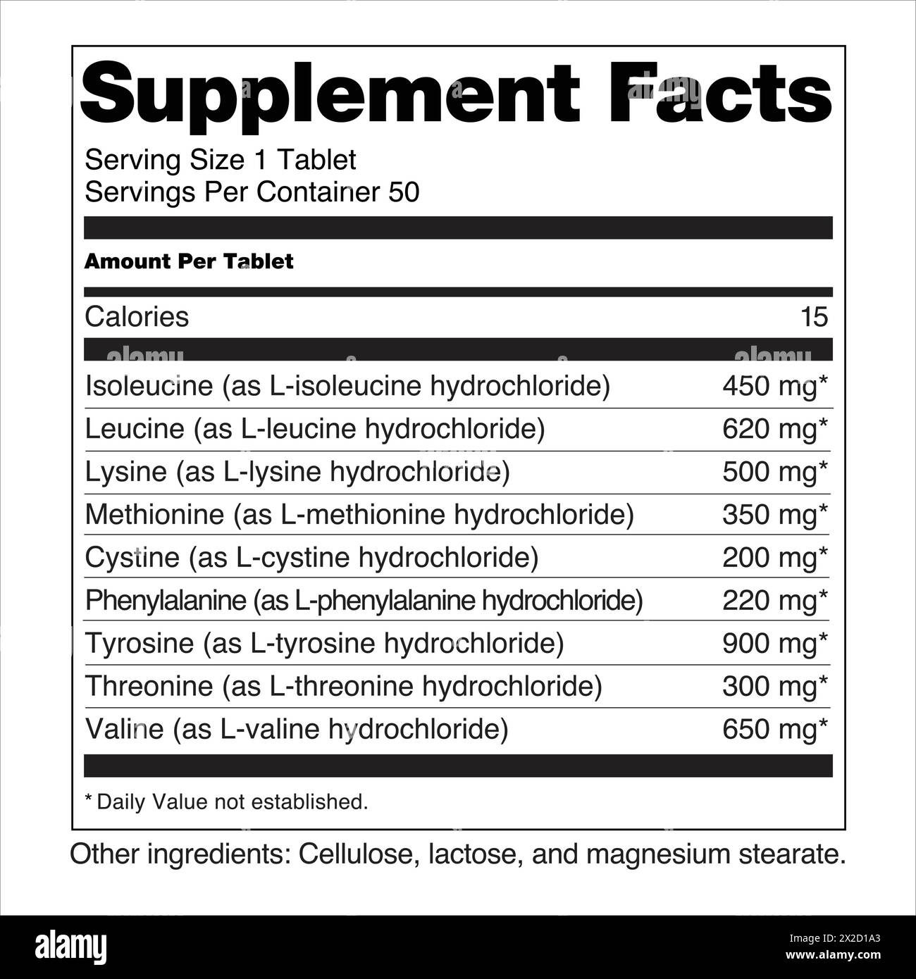 FDA Nahrungsergänzungsmittel Fakten Kennzeichnung Etiketten Nahrungsergänzungsmittel von Aminosäuren Stock Vektor