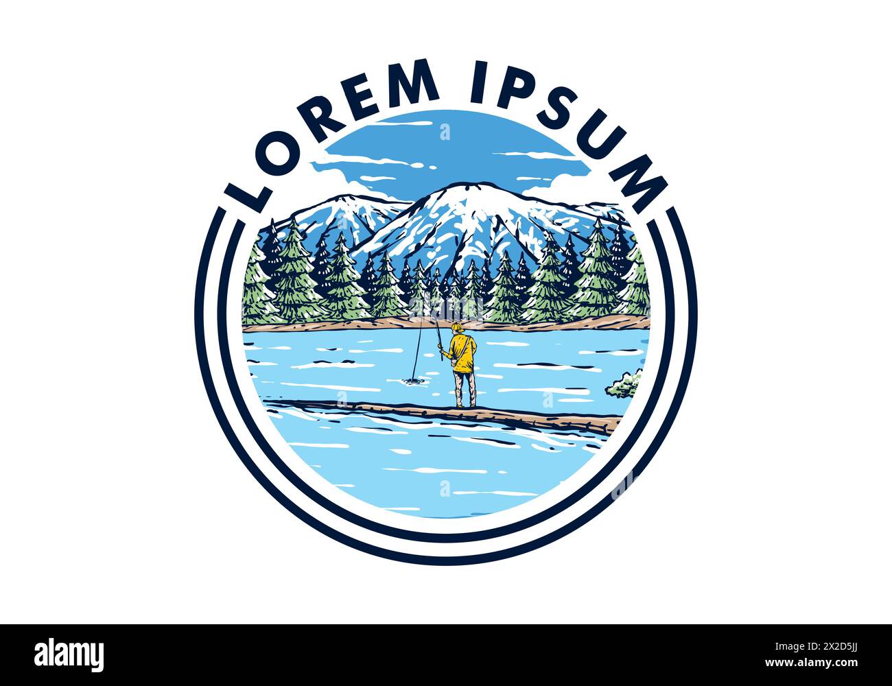 Vintage-Illustration-Abzeichen eines Mannes, der auf dem See mit Blick auf den Wald und die Berge fischt Stock Vektor