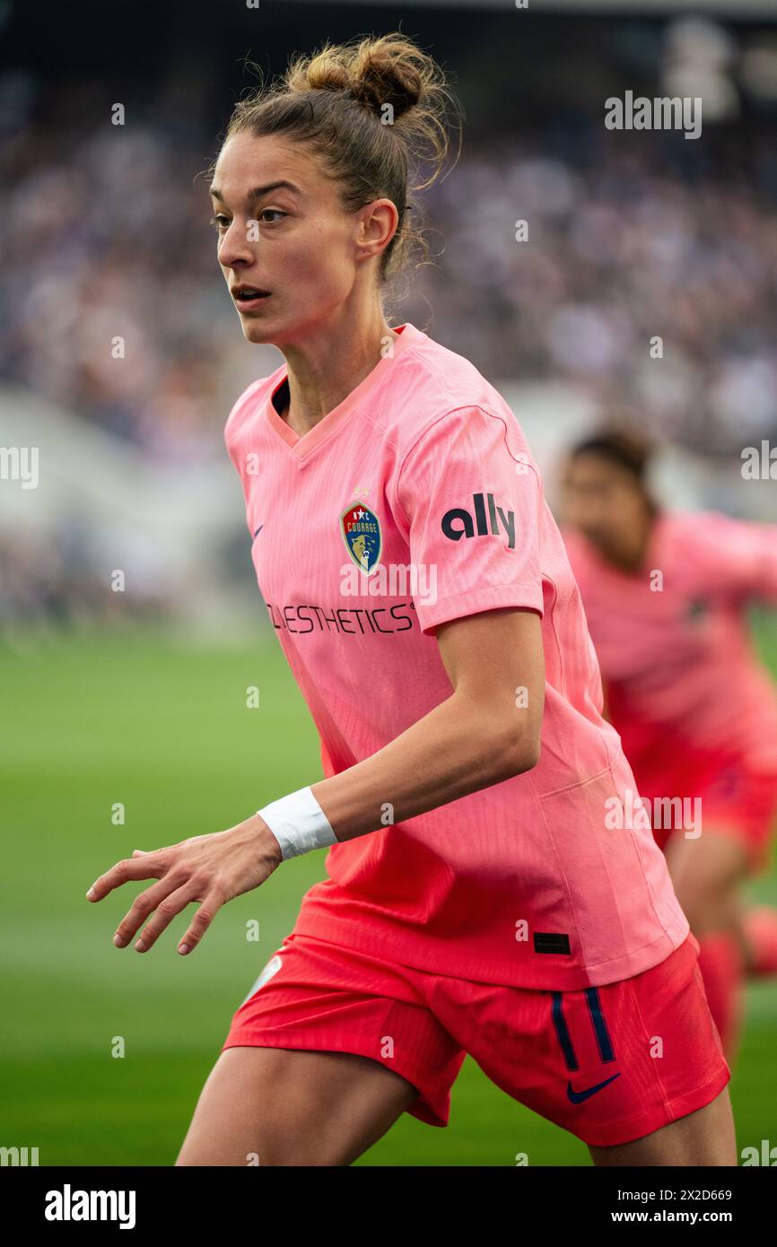 Los Angeles, USA. April 2024. Fußball: National Women's Soccer League, BMO Stadium Los Angeles, Angel City FC - Carolina Courage. Fußballnationalspieler Felicitas Rauch von Carolina Courage in Aktion. Quelle: Maximilian Haupt/dpa/Alamy Live News Stockfoto