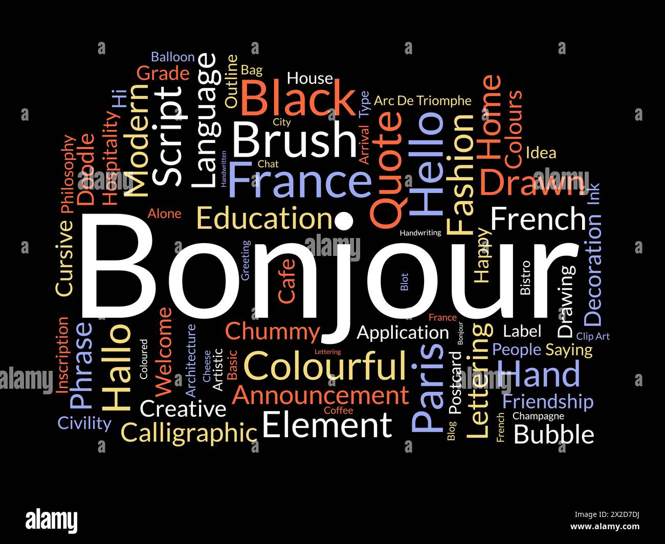 Bonjour Word Cloud-Vorlage. Hintergrund des Begrüßungskonzepts. Stock Vektor