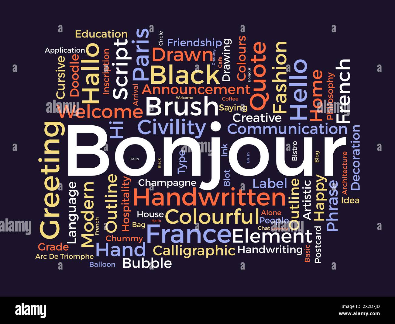 Bonjour Word Cloud-Vorlage. Hintergrund des Begrüßungskonzepts. Stock Vektor