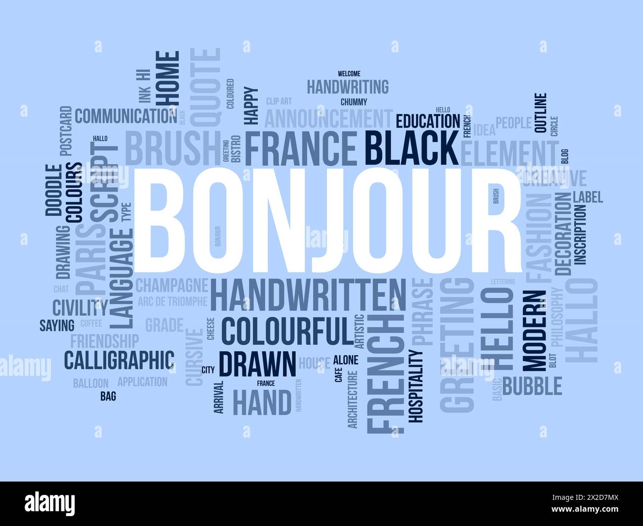Bonjour Word Cloud-Vorlage. Hintergrund des Begrüßungskonzepts. Stock Vektor