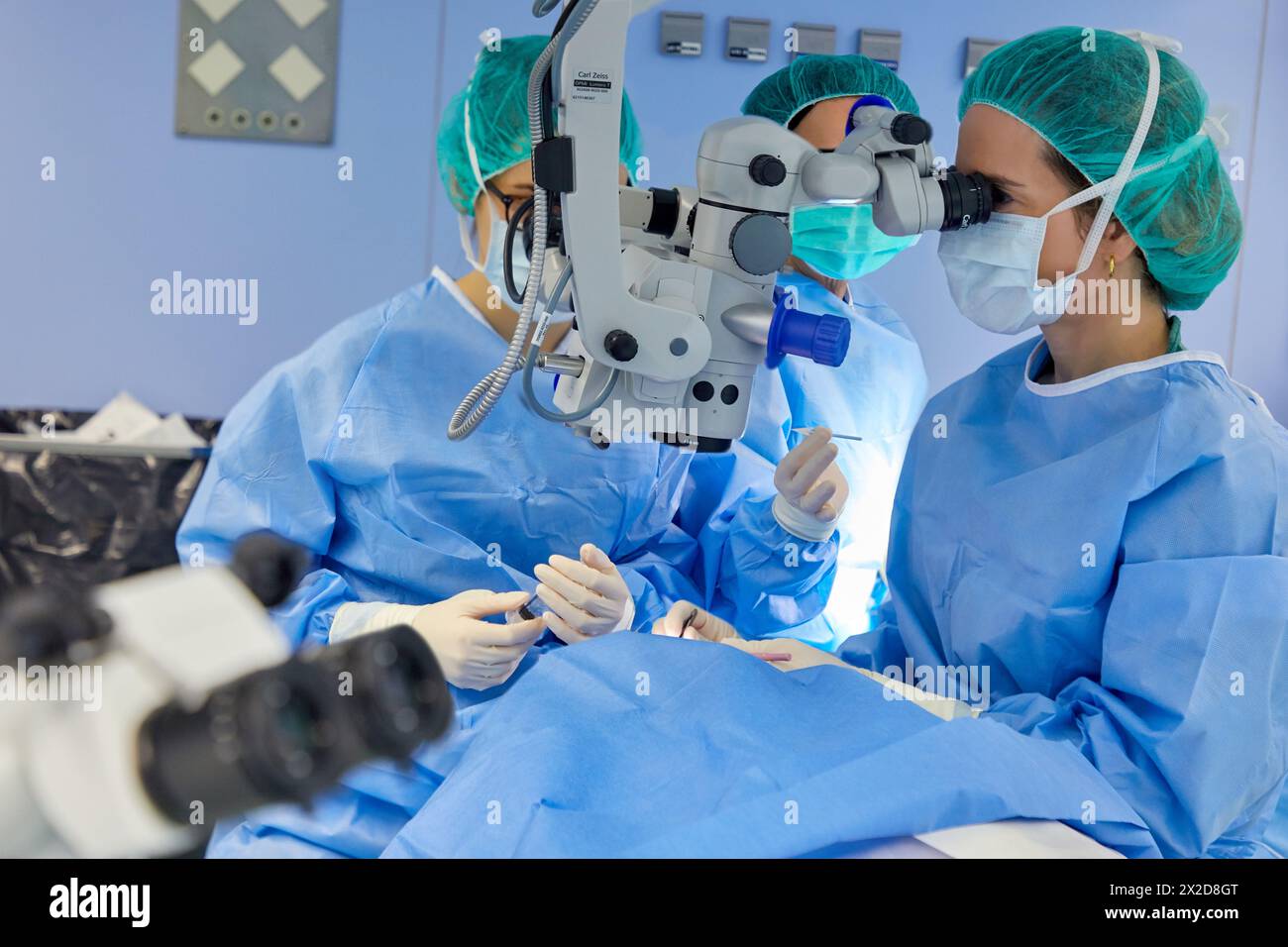 Chirurgen, chirurgische Eingriffe der Augen, Grauer Star, Operationssaal der Augenheilkunde, Krankenhaus Donostia, San Sebastian, Gipuzkoa, Baskenland, Sp Stockfoto