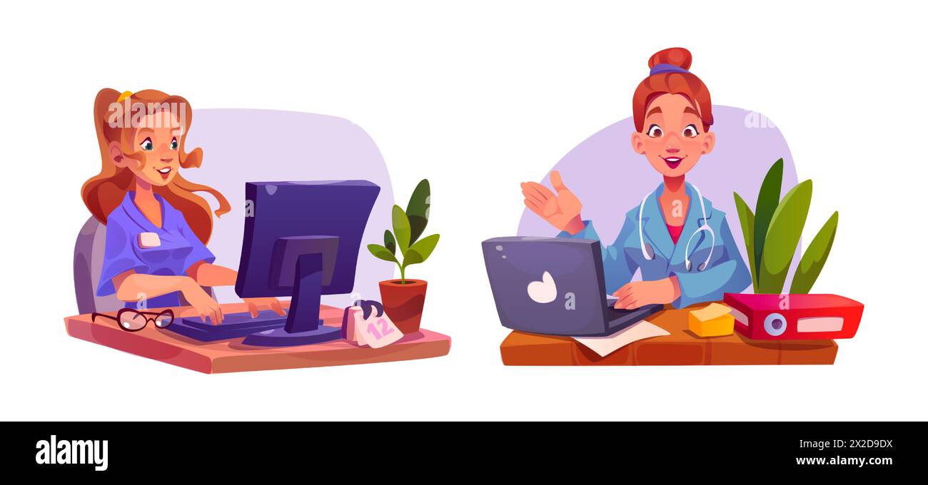Frau Ärztin sitzt am Tisch mit Computer. Zeichentrickvektor-Illustration Satz des weiblichen medizinischen Facharztes, der am Schreibtisch mit Laptop und pc-Bildschirm arbeitet. Arzte in Krankenhausuniform mit Stethoskop. Stock Vektor