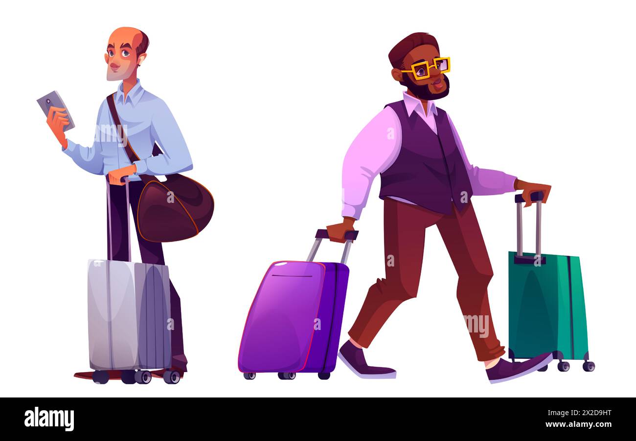 Geschäftsmann mit Gepäckset isoliert auf weißem Hintergrund. Vektor-Karikaturillustration des Mannes im Geschäftsanzug mit Smartphone und Koffer, afrikanischer männlicher Passagier, der Gepäck trägt, Reisezeichen Stock Vektor