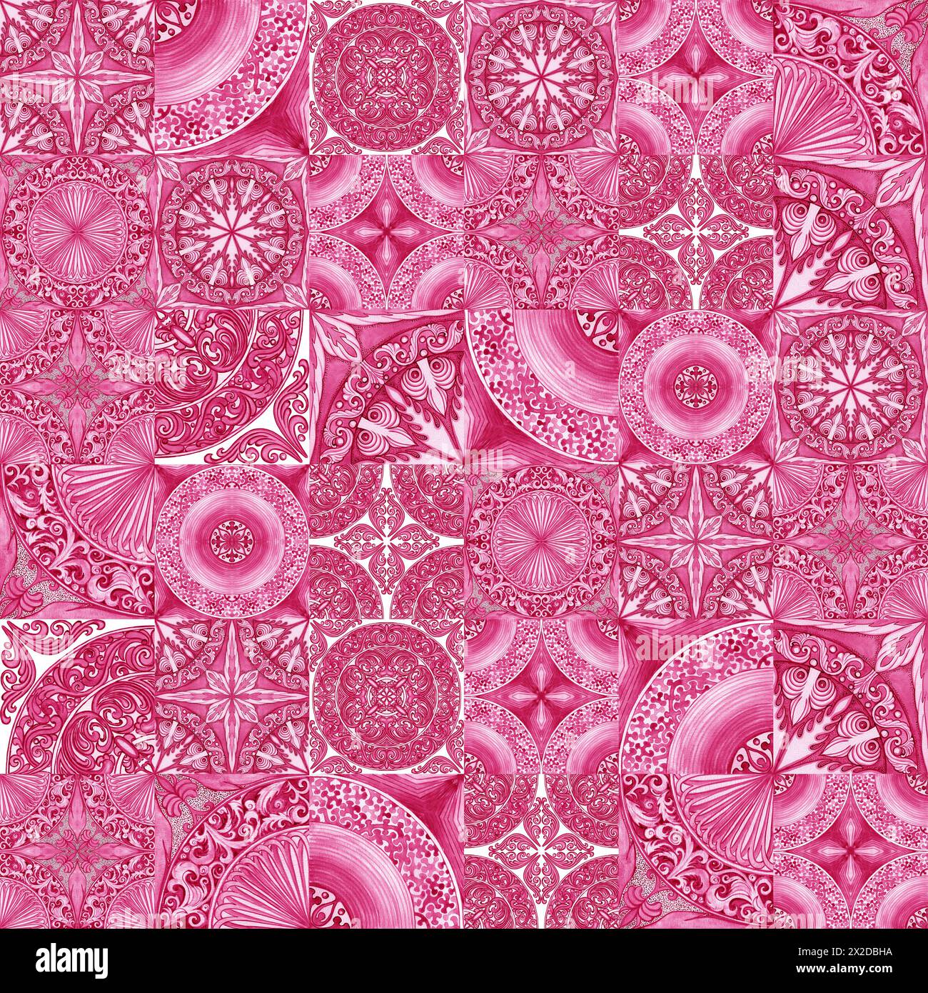 Gestaltung von Keramikfliesen in rosa Tönen. Sizilianisches nahtloses Muster. Aquarellhintergrund im Barockstil. Handgefertigte königliche Dekoration. Italien Im Mittelmeerraum Stockfoto