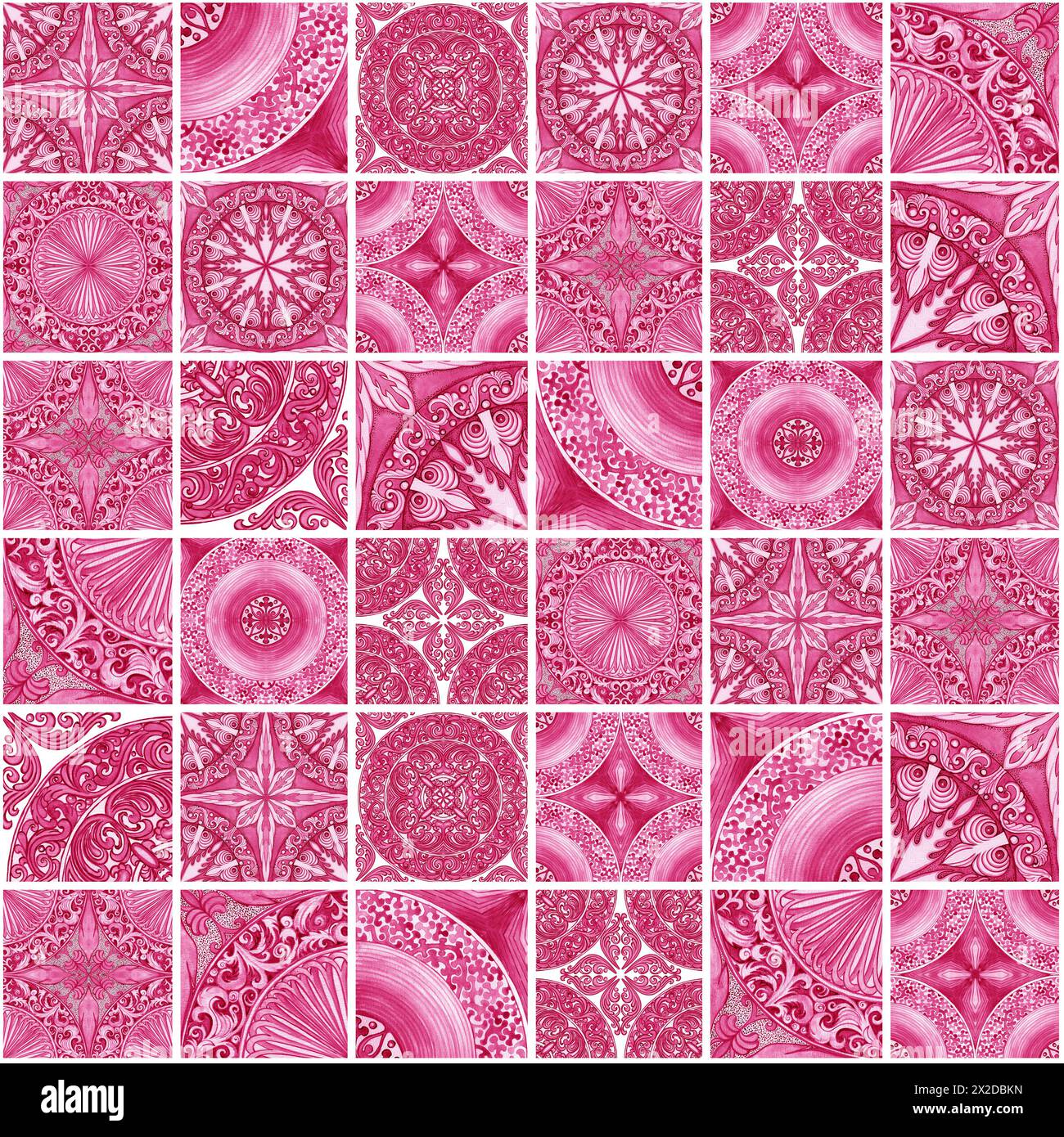 Gestaltung von Keramikfliesen in rosa Tönen. Sizilianisches nahtloses Muster. Aquarellhintergrund im Barockstil. Handgefertigte königliche Dekoration. Italien Im Mittelmeerraum Stockfoto