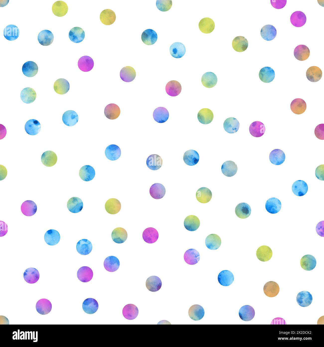 Mehrfarbige Polka Dots mit nahtlosem Aquarellmuster. Handgezeichneter endloser Hintergrund. Textur Kreise mit einfachem Hintergrund. Für Stoff und Tapeten. Stockfoto