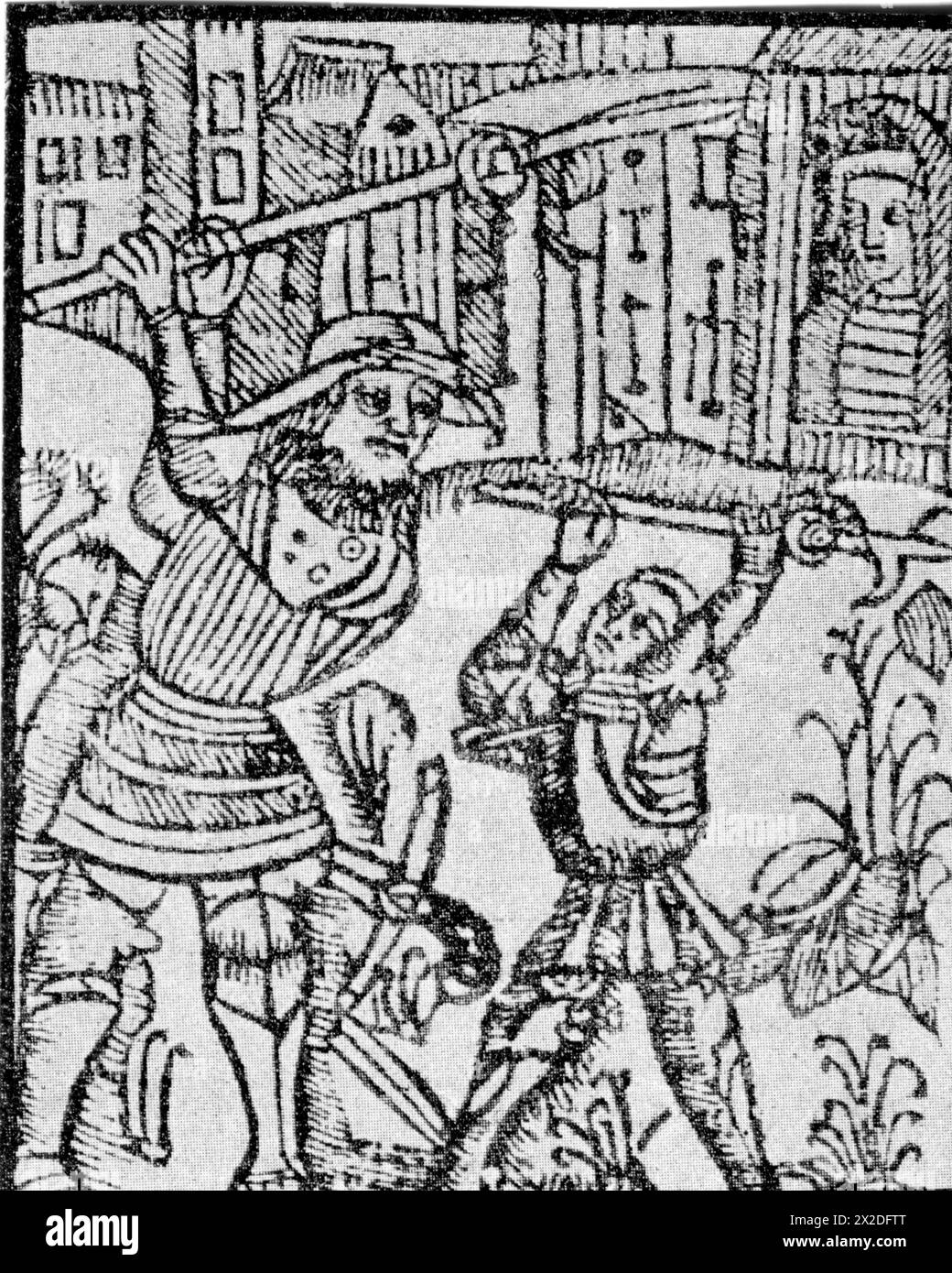 Warwick, Guy of, 13. Jahrhundert, legendärer britischer Ritter, besiegt den Riesen Colbrand, Holzschnitt, 1560, ZUSÄTZLICHE RECHTE-CLEARANCE-INFO-NICHT-VERFÜGBAR Stockfoto
