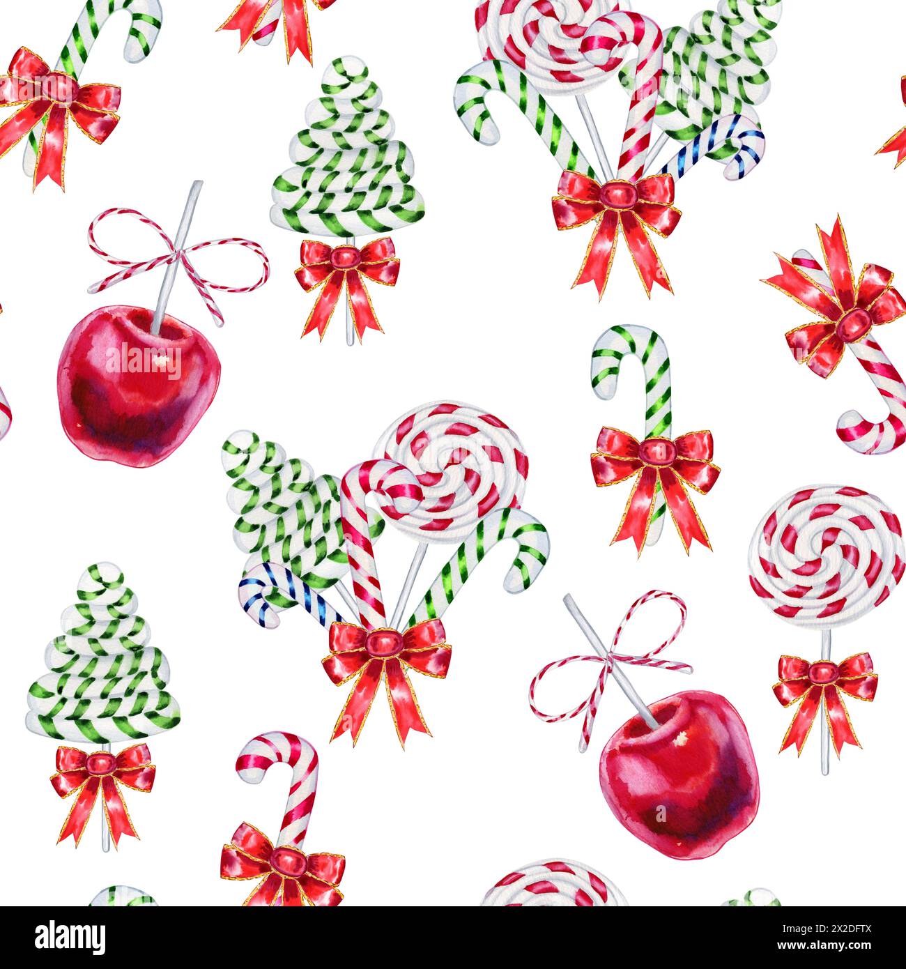 Weihnachtliche Bonbons gestreifte Aquarellmuster. Silvester-Leckereien und karamellrote Äpfel endlos handgezeichneter Hintergrund. Zum Einpacken von Papier und Fabri Stockfoto