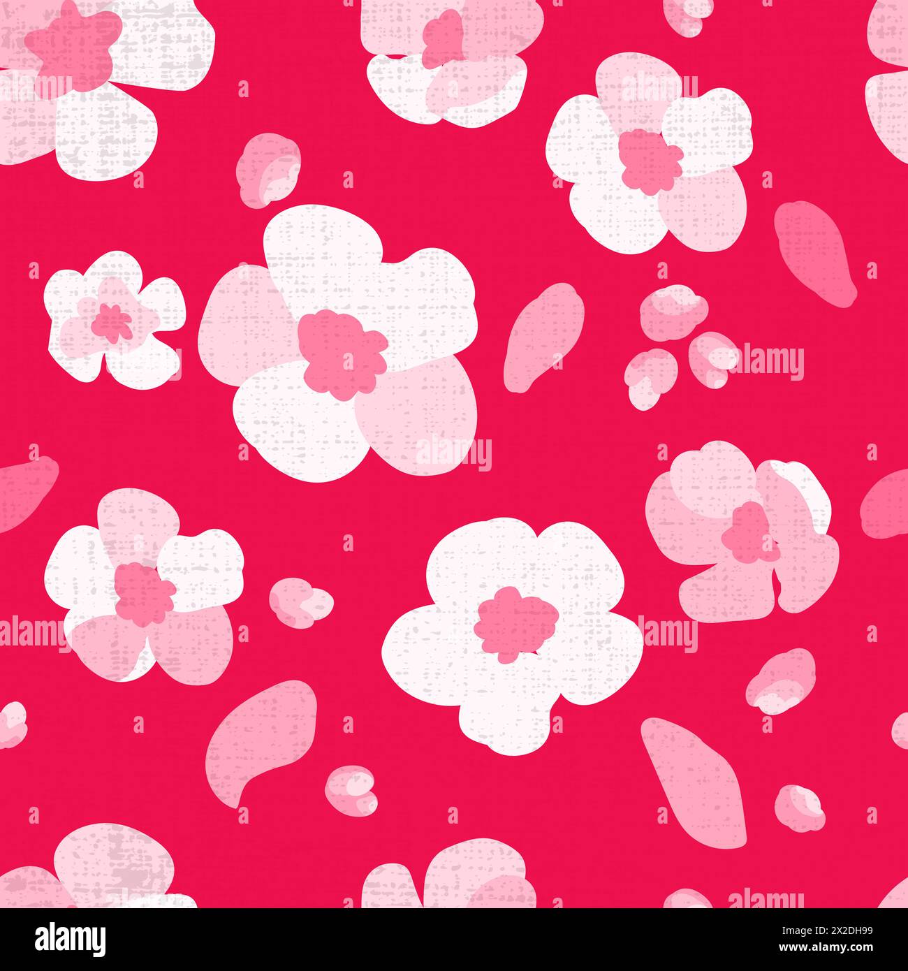 Nahtloses Muster traditioneller Apfelbaumzweig Blumen roter Hintergrund Textur Hand gezeichnet Folk weiß rosa Blüten Gänseblümchen Blätter helles Ornament Vektor flache Illustration Stock Vektor