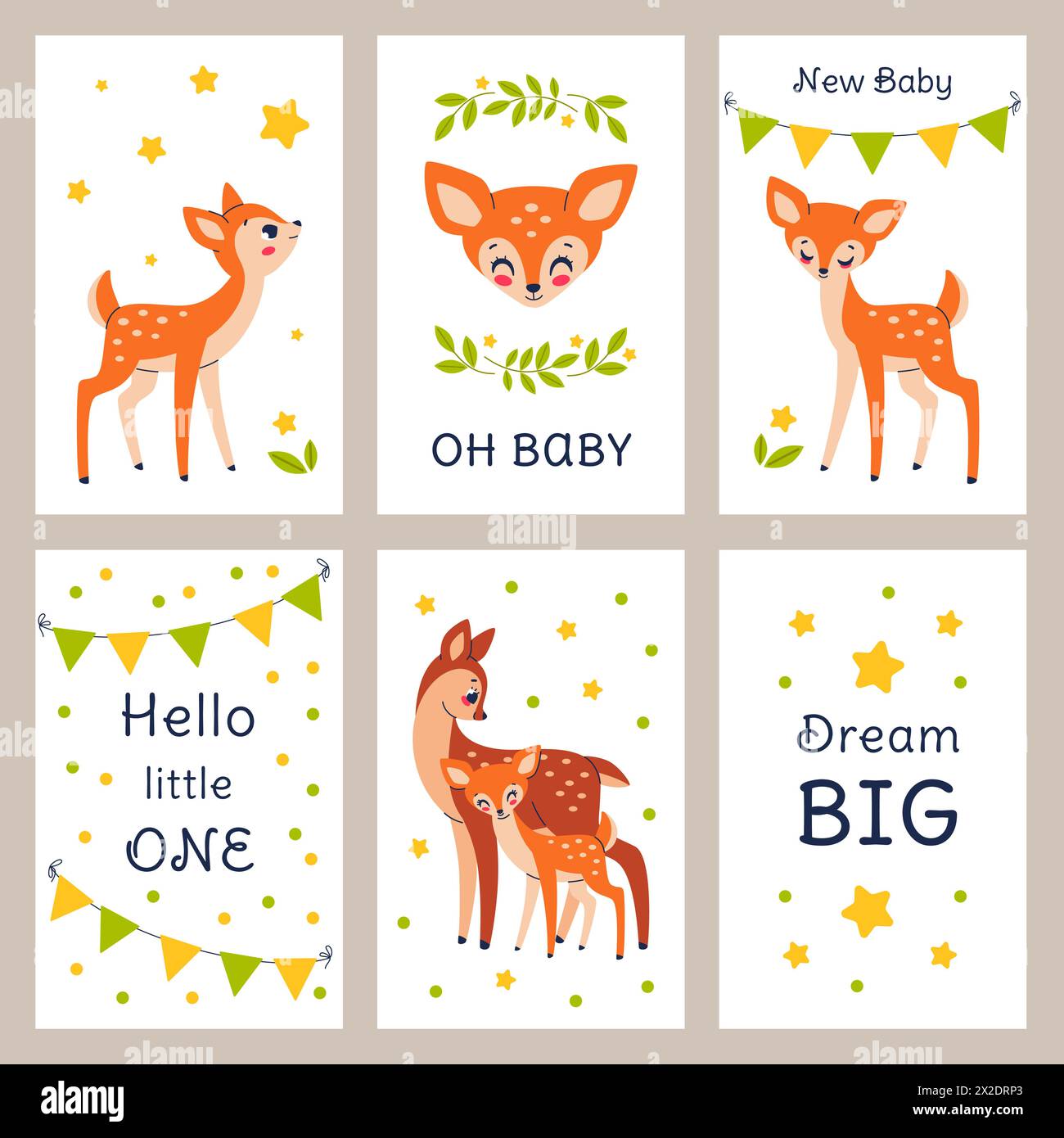 Niedliches neues Baby-Showkitz. Lustige Tiere, Grußkarten, Kinderzimmer-Drucke und kindliche Textilien. Willkommen kleine Poster, Waldfauna Stock Vektor