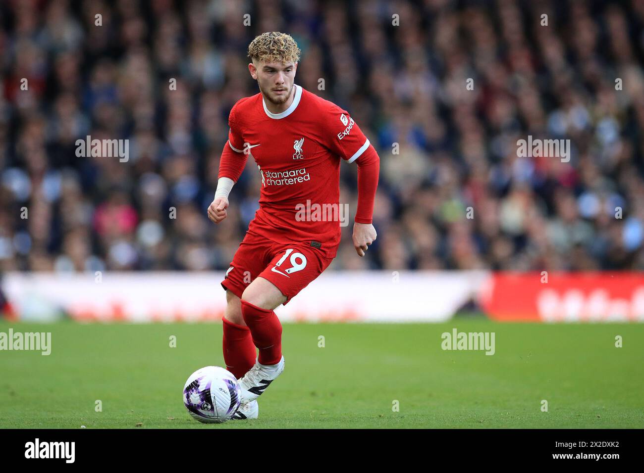 Harvey Elliott aus Liverpool spielte am 21. April 2024 beim Premier League-Spiel zwischen Fulham und Liverpool im Craven Cottage in London. Foto von Carlton Myrie. Nur redaktionelle Verwendung, Lizenz für kommerzielle Nutzung erforderlich. Keine Verwendung bei Wetten, Spielen oder Publikationen eines einzelnen Clubs/einer Liga/eines Spielers. Stockfoto