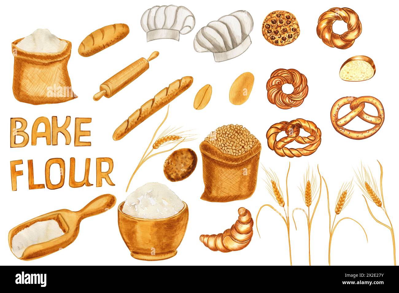 Bäckerei Aquarell Illustrationsset. Handgezeichnete Zutaten und Kochutensilien. Brot, Brötchen und Kekse auf einem isolierten Hintergrund. Clipart aus Weizen f Stockfoto