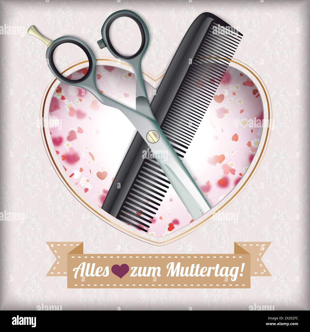 Schere Kamm Herz Loch Ornamente Ribbon Muttertag Blumen deutscher Text alles Liebe zum Muttertag, übersetzt Happy Mothers Day. Stockfoto
