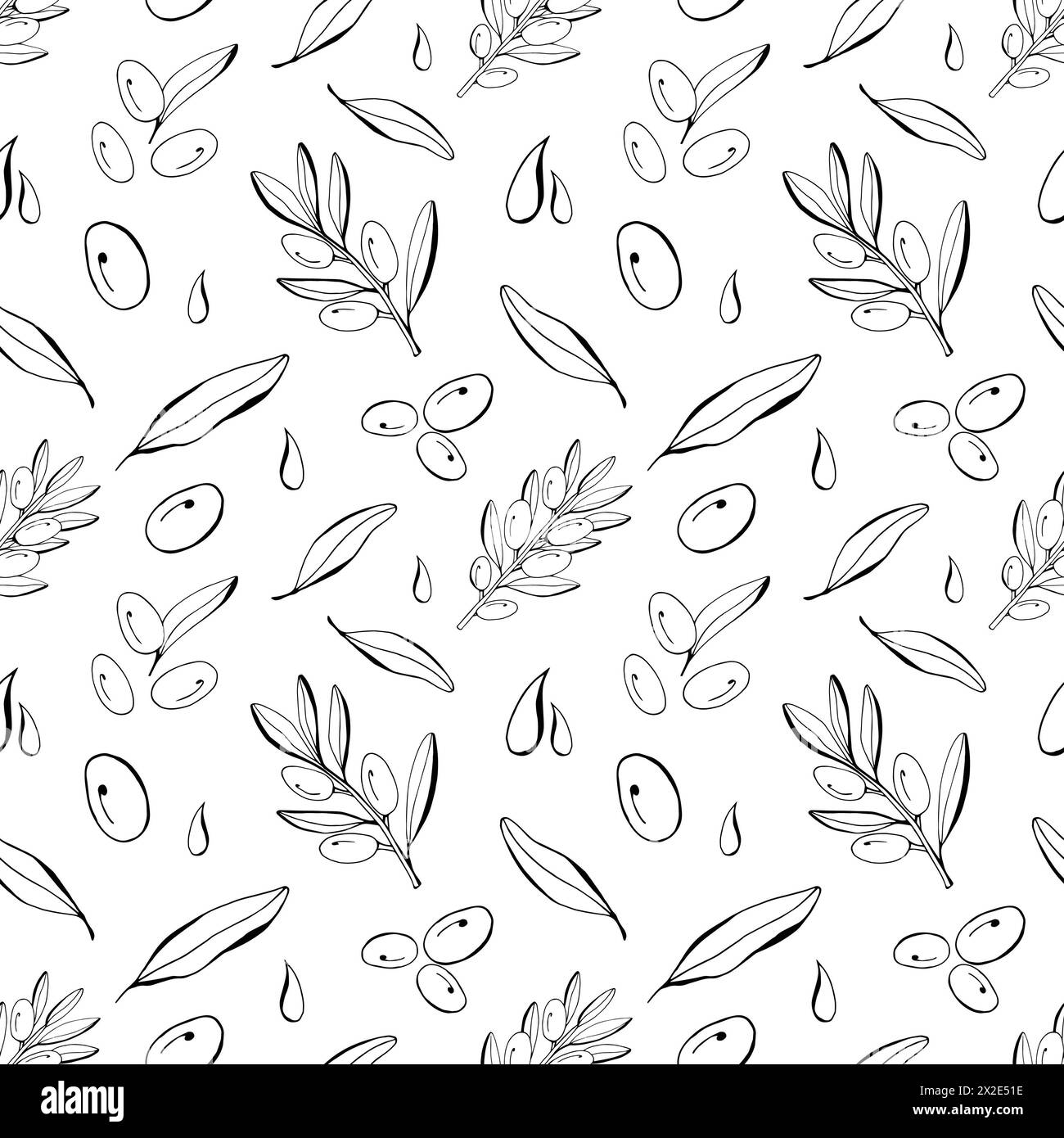 Nahtloses olivfarbenes Muster. Vektorzweig, Skizzen von Früchten, Laub und Blume. Bio-Lebensmittel, Öl. Für Beschriftung, Rahmen, wr Stockfoto