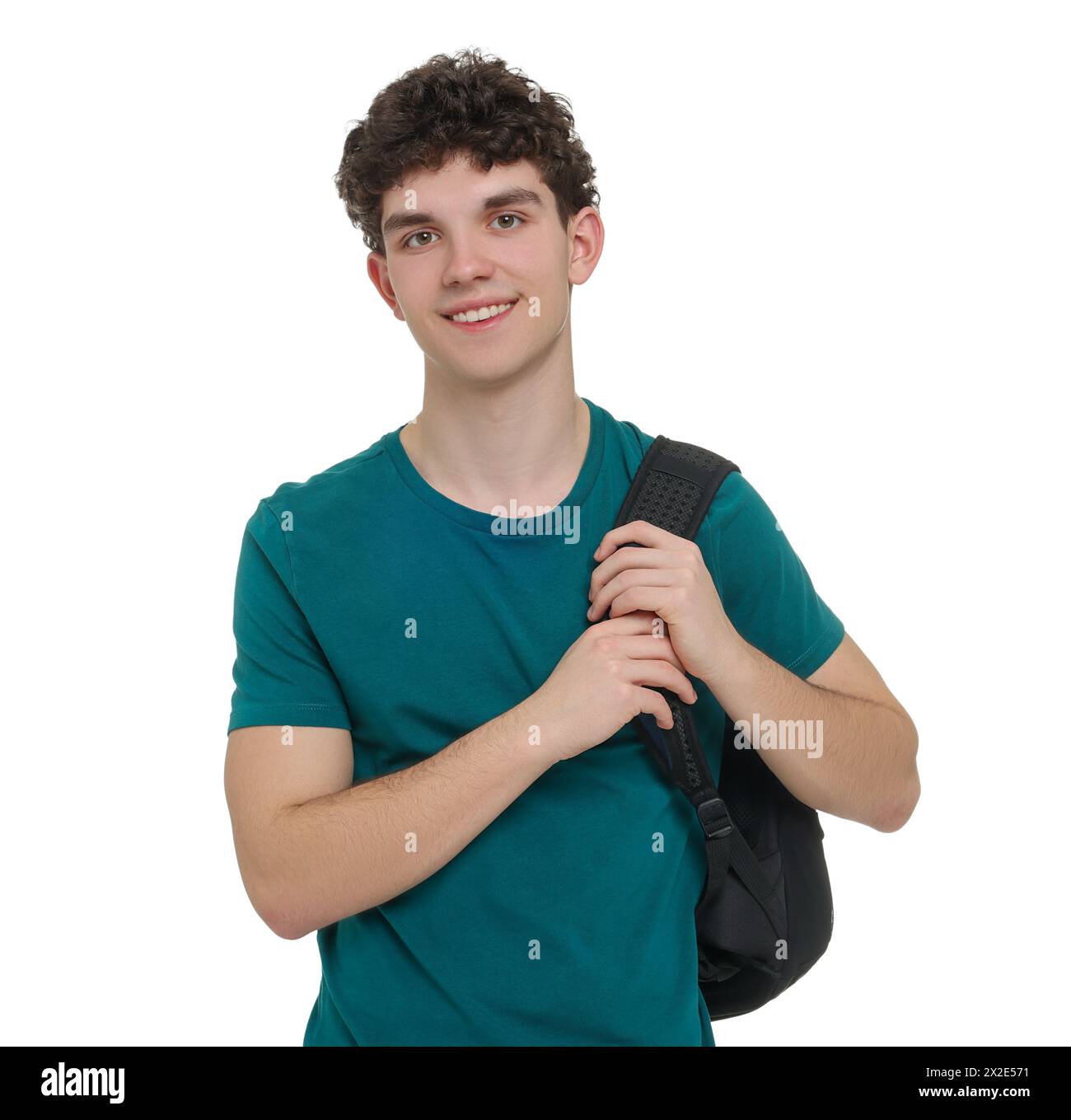 Porträt eines Schülers mit Rucksack auf weißem Hintergrund Stockfoto